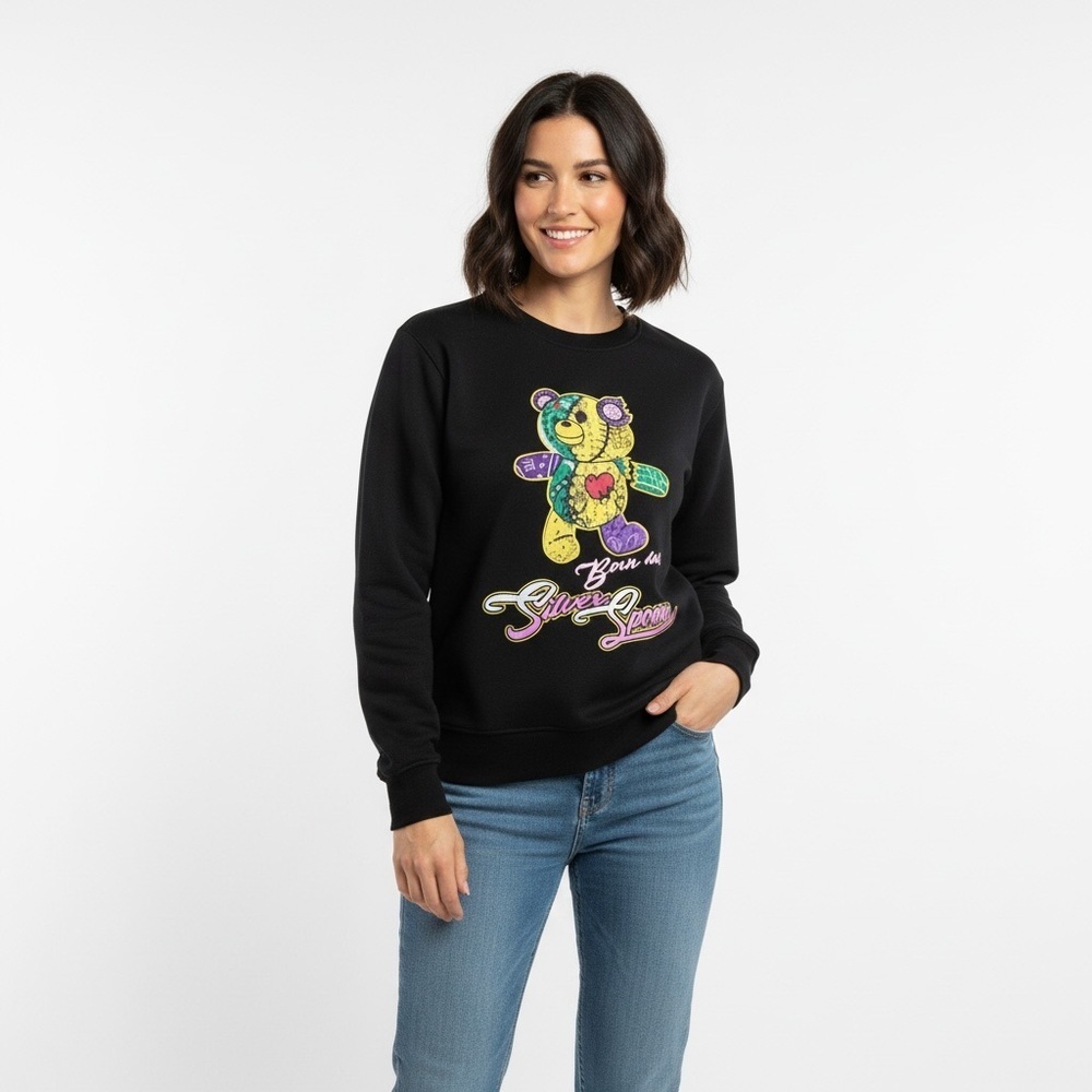 Black Sweatshirt with Colorful Bear “Born With Silver Spoon” Graphic